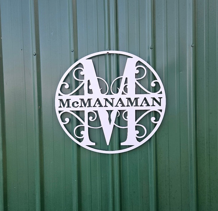 Our plasma cut steel monogram sign with the letter "M" in white