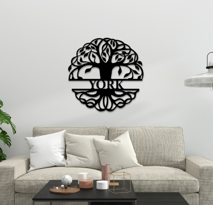 Plasma cut steel home decor with the classic tree of life design and personalized with your last name.